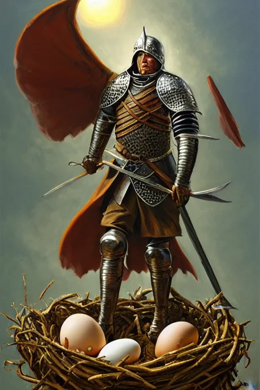 Prompt: classic oil painting, a medieval fantasy knight standing on a big empty bird nest, as a dnd character, surrounded by broken egg shells, cottagecore, highly detailed, digital illustration, concept art, smooth, sharp focus, art by paul bonner, and greg hildebrandt
