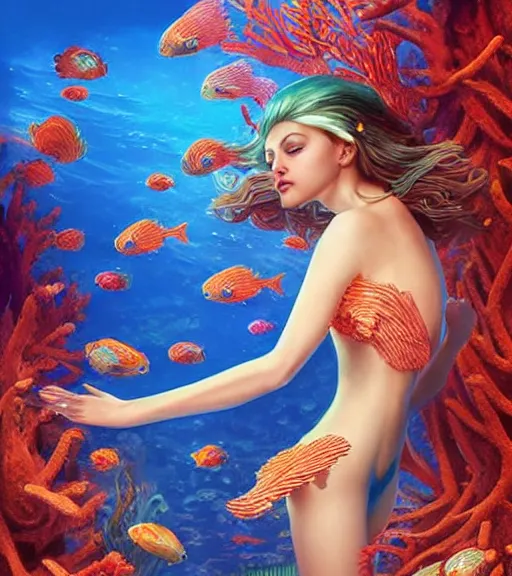 Prompt: goddess of the sea, brilliant coral reef surrounding her, fish swimming in background, digital art by artgerm and karol bak