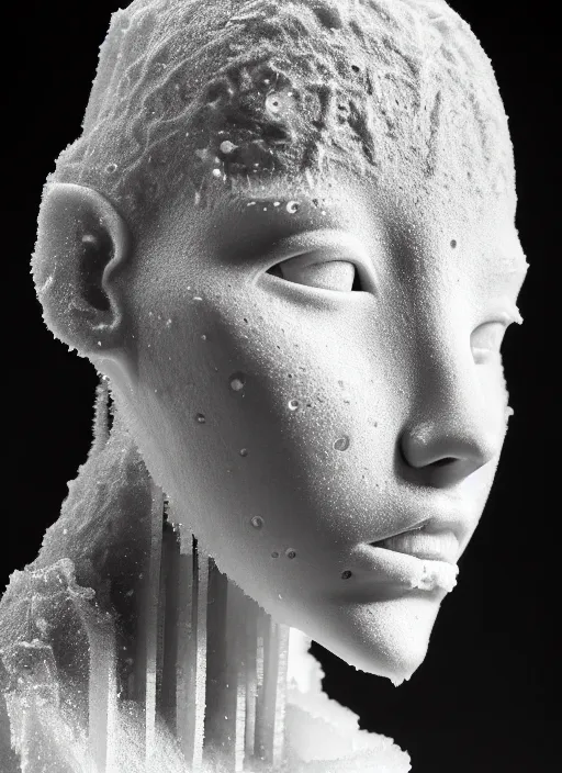 Image similar to a young female cyborg bust made of ice and concrete, dramatic, ilford hp 5, closeup - view, f / 2. 8, high contrast, 1 6 k, fluorescent lamp, contre - jour, insanely detailed and intricate, hypermaximalist, elegant, ornate, hyper realistic, super detailed