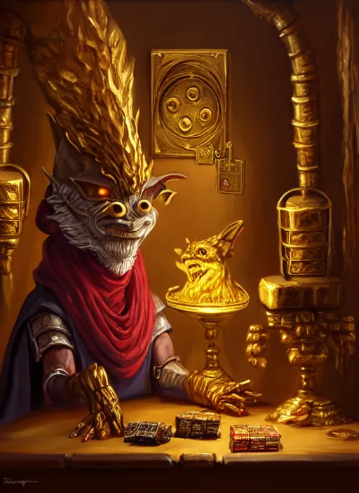 Image similar to a _ fantasy _ style _ portrait _ painting _ of a humanoid gold kobold male in wizard robes selling wares in his shop, oil _ painting _ unreal _ 5 _ daz. _ rpg _ portrait _ extremely _ detailed _ artgerm _ greg _ rutkowski _ greg