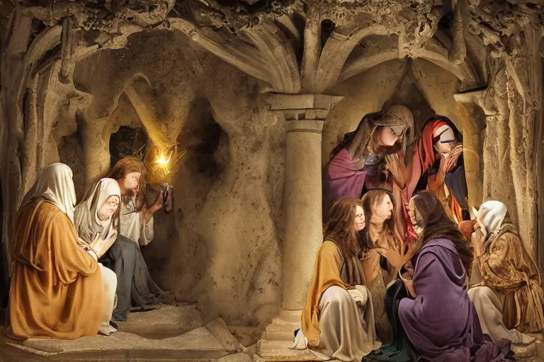 Prompt: inside the tomb of jesus, dark scene, light coming in from the left, small steps leading down, 3 marys crouching in colored robes at the tomb | medium close | fibonacci composition, by artgerm, sophie anderson, rubens