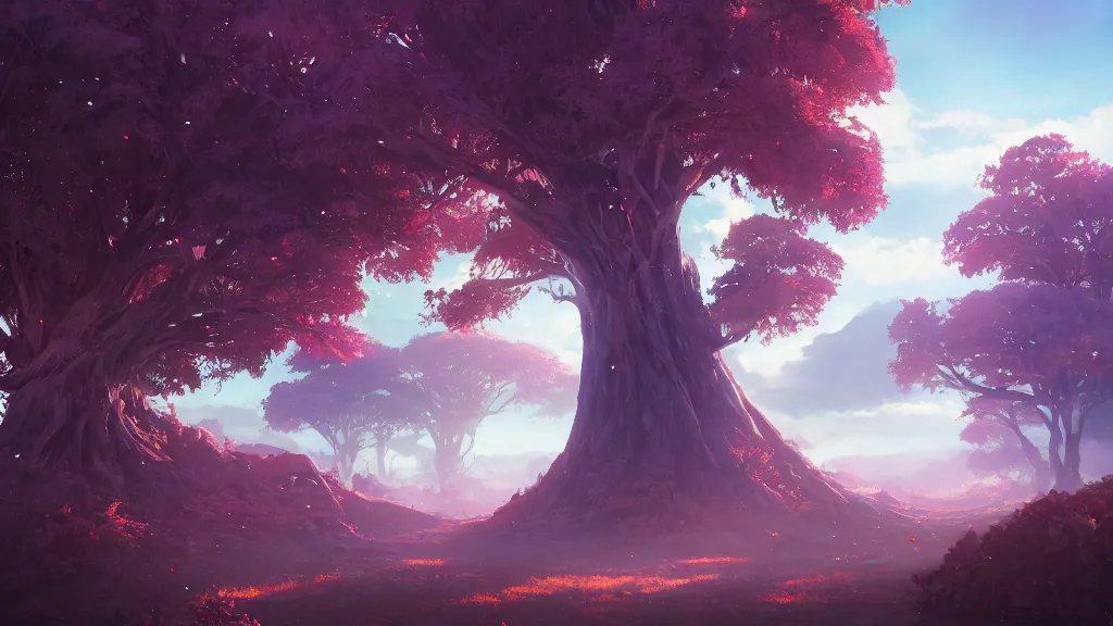 Prompt: giant violet tree overarching red plains, view from the ground, by sylvain sarrailh, rossdraws, ambient light, ultra detailed, fantasy artwork, 8 k, volumetric lighting, trending on artstation, award winning, very beautiful.