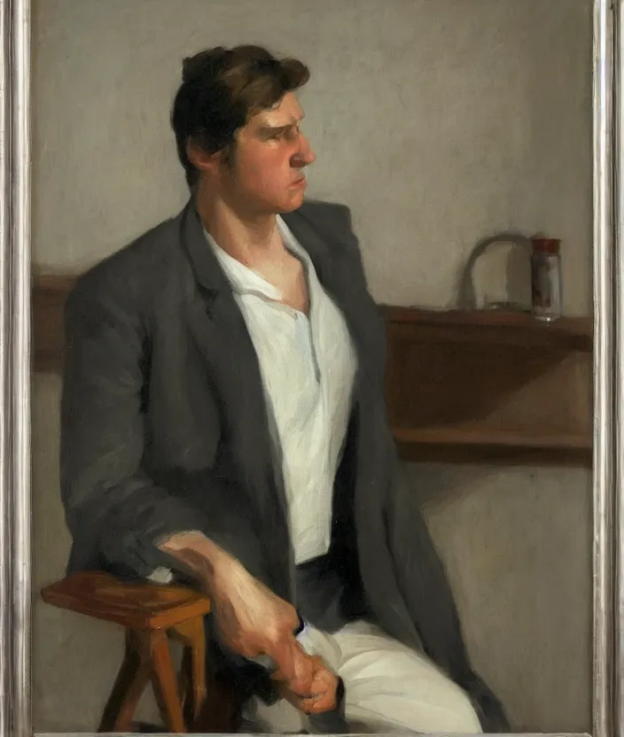 Image similar to a very detailed portrait of a man in a white shirt and a leather jacket over his shoulder, the man is wearing a lot of silver necklaces, in the style of edward hopper and oswald hornby joseph birley, very small brushstrokes, 4 k,