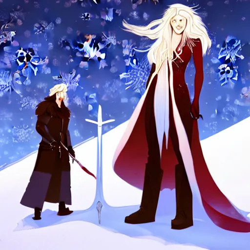 Image similar to A woman and a man are standing in the snow, the woman is leaning against the man, the man has long red hair, the woman has blonde long hair, the man has a red thick sword, the woman has a thin, long sword, a tree almost fully covered in bulky snow, concept art by Fabien Charuau, trending on pixiv, fantasy art, official art, wiccan, concept art, 4k, sharp details