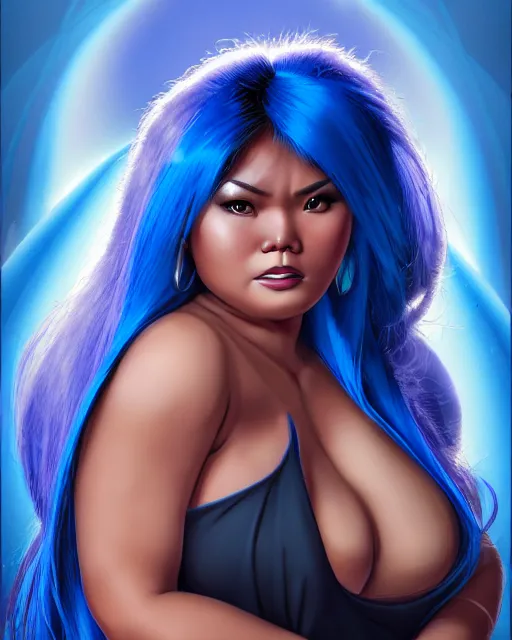 Image similar to welcoming heavy filipina woman character portrait, by don bluth, electric blue hair, wearing dark - blue, sci - fi environment, highly detailed, dynamic shadows, 4 k, wallpaper - 1 0 2 4