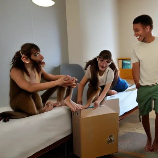 Image similar to monkeys moving into college dorm setting up furniture