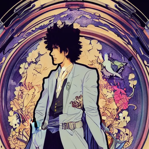 Image similar to concept art, silhouette of Spike Spiegel in front of Ganymede in the style of Alphonse Mucha and Hiroya Oku, 4k, artstation,