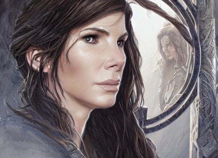 Image similar to face portrait of concentrated young Sandra Bullock as Lara Croft entering the large Minas Tirith gate, sun beams, intricate, elegant, highly detailed, centered, digital painting, artstation, concept art, smooth, sharp focus, illustration, Allan Lee, John Howe