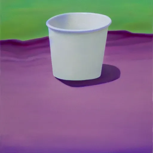 Image similar to an oil painting of a giant white styrofoam cup on the beach, the beach has purple water, surrealism