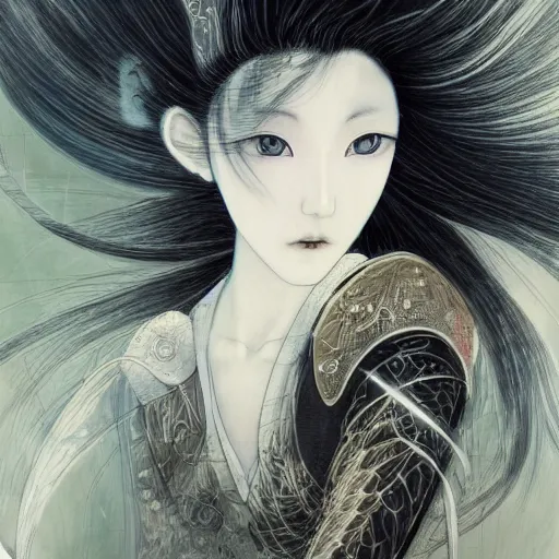 Image similar to yoshitaka amano blurred and dreamy realistic illustration of a young japanese woman with black eyes, wavy white hair fluttering in the wind wearing elden ring armor with engraving, abstract patterns in the background, satoshi kon anime, noisy film grain effect, highly detailed, renaissance oil painting, weird portrait angle, blurred lost edges, three quarter view