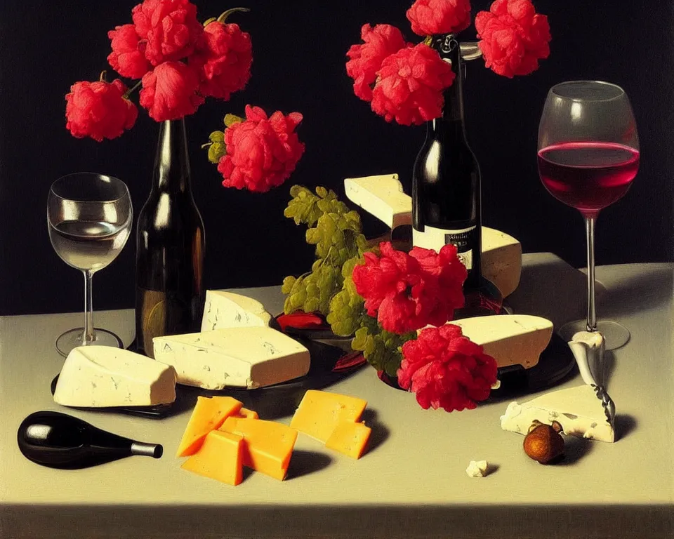 Image similar to an achingly beautiful still life featuring blooming flowers, tillamook cheese, and red wine on a table with a black background by Raphael, Hopper, and Rene Magritte. detailed, romantic, enchanting, trending on artstation.