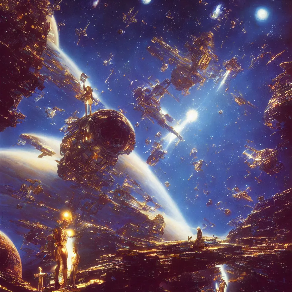 Prompt: the girl in the center looks at space, epic, volumetric light, hyperrealistic, glitter, mega detailed, beautiful composition, beautiful lighting, unreal render, 4 k, vincent di fate, john berkey, michael whelan