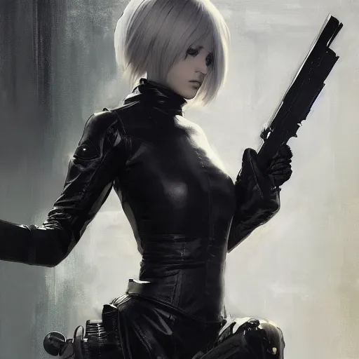 Image similar to painting of yorha no. 2 type a wearing skintight leather jacket holding a gun, by jeremy mann, fantasy art, dynamic lighting, artstation, poster, volumetric lighting, 4 k, award winning