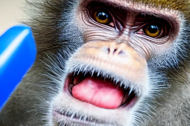 Image similar to photograph of a monkey holding a blue pen towards the camera, 4 k, full hd, highly detailed, close up