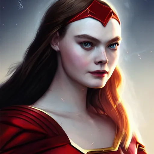 Image similar to medium shot portrait of modern darna, elle fanning as scarlett witch in golden valkyrie armor, intricate, elegant, dark vibes, highly detailed, digital painting, artstation, glamor pose, concept art, smooth, sharp focus, illustration, art by wlop, mars ravelo and greg rutkowski