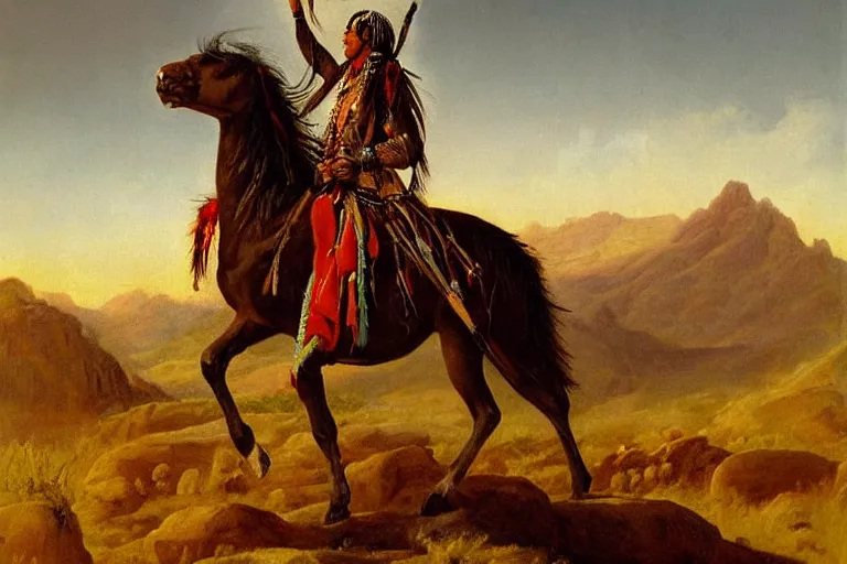 Image similar to a full length extremely detailed masterpiece painting of one rugged warrior american native apache with a feather in his head - ban sitting on his horse surveying a rugged texas big bend background, in the style of george catlin, insanely detailed, extremely moody lighting, glowing light and shadow, atmospheric