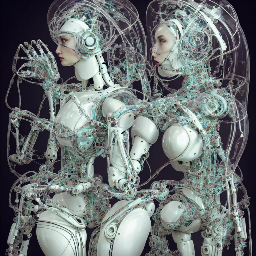 Prompt: beautiful voluptuous cybernetic biomechanical robots, beautiful pearlescent faces and cables arranged in a damask pattern + clear glass exoskeleton, inside organic robotic tubes and parts, glass helmets and dove wings, wearing translucent jackets + symmetrical composition + intricate details, black background, hyperrealism, wet, reflections + by alfonse mucha, no blur