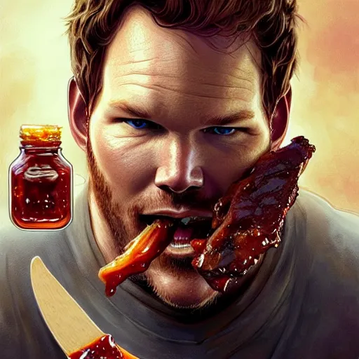 Image similar to Chris Pratt Eating BBQ Ribs, dripping BBQ Sauce, D&D, fantasy, intricate, elegant, highly detailed, digital painting, artstation, concept art, matte, sharp focus, illustration, hearthstone, art by Artgerm and Greg Rutkowski and Alphonse Mucha