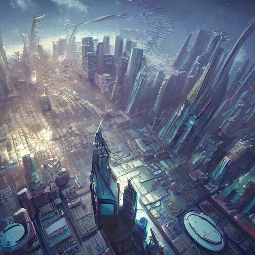 Prompt: a city floating in space, digital art, insanely detailed, trending in artstation, hd