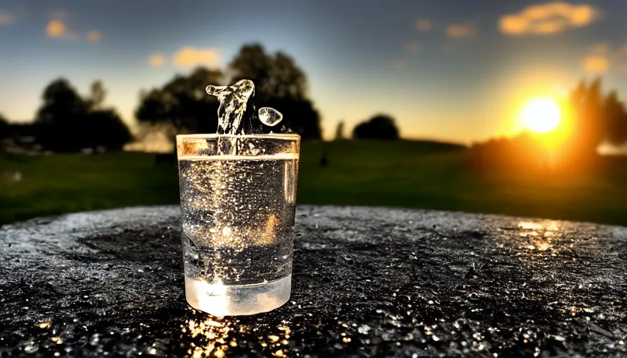 Prompt: [ a cup of sparkling water ], cup of ( water and shiny crystals ), highly detailed, dusk, moon light, campsite, hdr, backlit, ( dramatic angle ) 8 k f 2 0, 2 0 mm