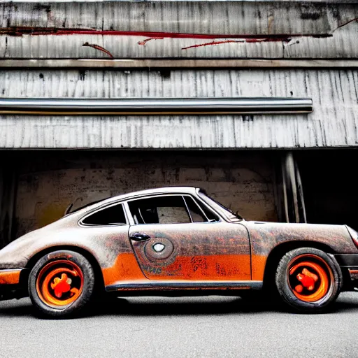 Image similar to nuclear themed ratrod car in the frame of a porsche 9 1 1. rusted, mechanical ad photoshoot. 8 k ratrod