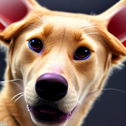 Prompt: Hybrid of a Golden Retriever and Peterbald, beautiful, sharp focus, ultra detailed, hyper realistic, photo, 8K