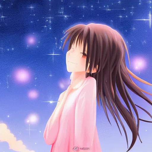 Prompt: anime visual of a girl looking at a sky full of stars, detailed digital painting
