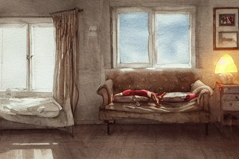 Image similar to charming and chubby huge fish, wearing a polka dot cloths and, lye on the fancy sofa, in the large and bright studio. sunlight enters through the barred window. delicate watercolor and pencil on canvas. beautiful lighting, 4 k post - processing, highly detailed, 5 k extremely detailed, 3 d. cinematic scene.