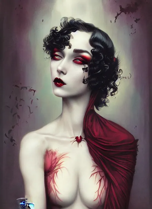 Image similar to regal vampiric girl by james jean, manuel sanjulian, tom bagshaw