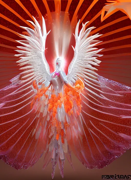 Image similar to white phoenix orange pink salt crystals sharp detail 3d spread crystal wings render simple background graphic design fai khadra gaika style