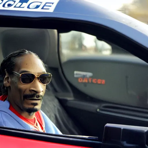 Image similar to Snoop Dogg is sitting in a police car wearing a cap C-11