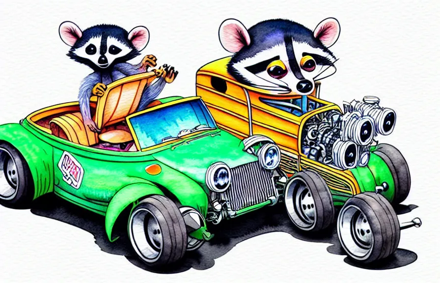 Image similar to cute and funny, racoon riding in a tiny hot rod coupe with oversized engine, ratfink style by ed roth, centered award winning watercolor pen illustration, isometric illustration by chihiro iwasaki, edited by range murata