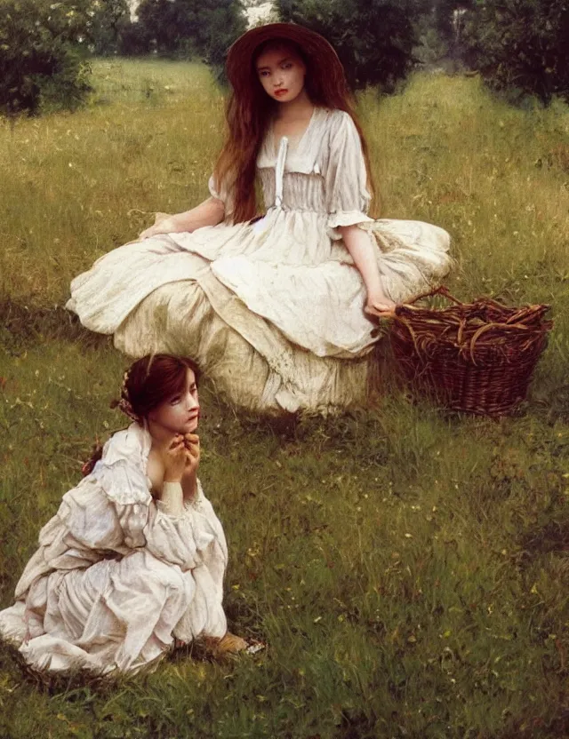 Prompt: peasant girl devour сherrys, lolita style, Cottage core, Cinematic focus, Polaroid photo, vintage, neutral colors, soft lights, foggy, by Steve Hanks, by Serov Valentin, by Andrei Tarkovsky, by Terrence Malick, 8k render, detailed, oil on canvas