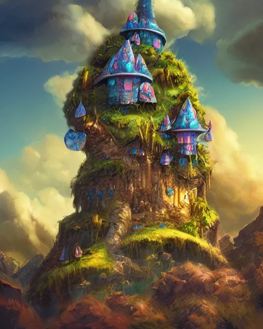 Image similar to flying cloud castle, mushroom buildings, illustration, bright, blue sky, mountains, colorful, cinematic lighting, fantasy, high detail, masterpiece, artstation, 4 k, art by wylie beckert