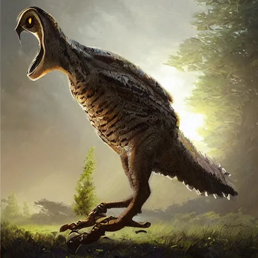 Prompt: concept art painting of an owl dinosaur, by james gurney and greg rutkowski