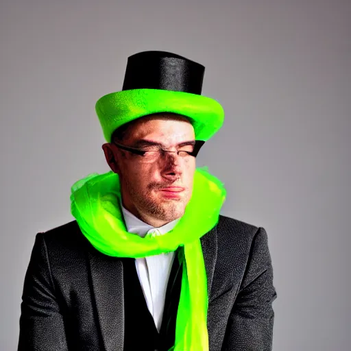 Image similar to man with neon green clothing, a scarf and a tophat sitting down in a black void,