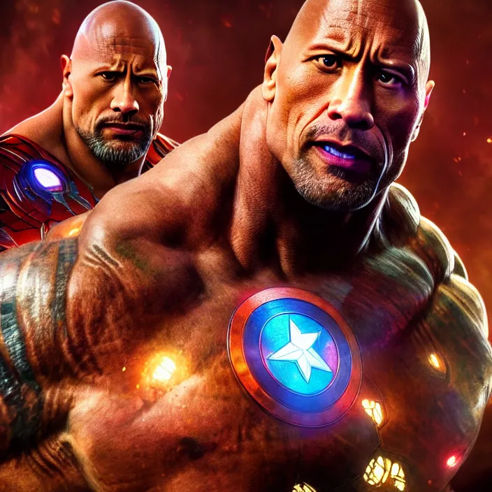 Image similar to Dwayne Johnson as Thanks, avengers end game, avengers infinity war, au naturel, hyper detailed, digital art, trending in artstation, cinematic lighting, studio quality, smooth render, unreal engine 5 rendered, octane rendered, art style by klimt and nixeu and ian sprigger and wlop and krenz cushart