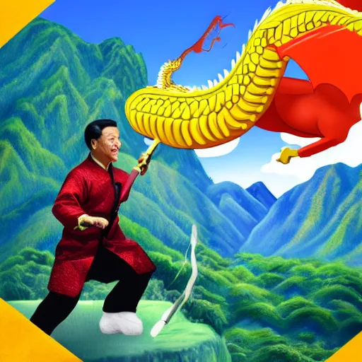 Image similar to Chinese president, battle against dragon, bananas weapon, mountains background, fighting stance, painting