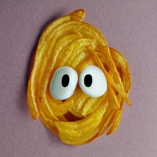 Image similar to photo of [ a single salted french fry chip ] shaped like that looks like stephen fry as a pixar character hybrid intercross mix cinematic lighting