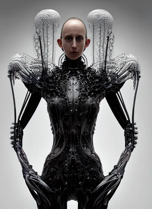 Image similar to iris van herpen gothic inflateble dark dress, perfect symmetrical body, helmet on face, full body shot, inflateble shapes, wires, tubes, veins, jellyfish, white biomechanical details, wearing epic bionic cyborg implants, masterpiece, intricate, biopunk, vogue, highly detailed, artstation, concept art, cyberpunk, octane render