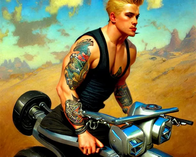 Image similar to handsome tattooed blonde gym bro rides an e - scooter, cool colors, hard angles, painting by gaston bussiere, craig mullins, j. c. leyendecker, tom of finland