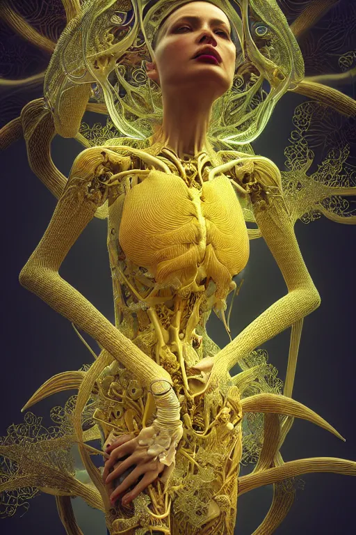 Image similar to intricate hyper detailed ultra sharp 3 d render, unity of mood, biomechanical cyborg ladies dancing, atmospheric, foliage, white large pore fungi, cyberpunk art nouveau, haute couture alexander mcqueen leaves stems colorful dahlias blooming transparent fractal filigree roots, intricate details, octane render, volumetric cinematic lighting, natural beautiful light, yellow infrared, lumiol, 8 k,