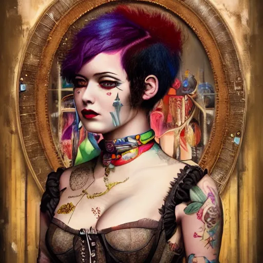 Image similar to photorealistic soft paint render of a curiosities carnival, single young beautiful dollpunk in a full steampunk corset, cyberpunk dyed haircut, symmetry accurate features, focus, rainbow lighting, very intricate details, award winning masterpiece, by tom bagshaw