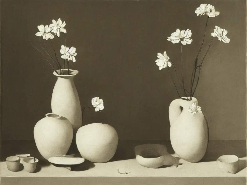 Prompt: Still life with white vase, ceramic pot, white petals. Painting by Zurbaran, Karl Blossfeldt, Morandi