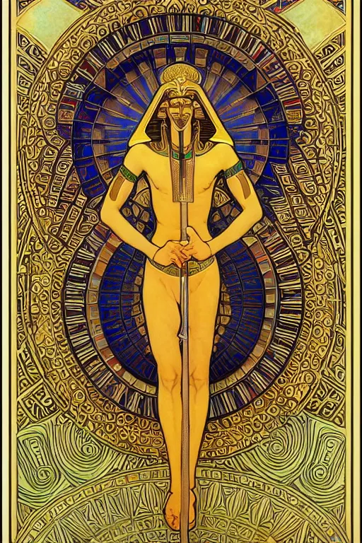 Prompt: thoth, egyptian god, gold jewelry, flower of life, sacred geometry, by Alphonse Mucha, rule of thirds, super detailed, 8k