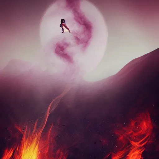 Image similar to a woman up there, concept art aesthetics, on fire, photoshop, colossal, creative and cool, giant, photo manipulation, planets, outer space, low angle, smoke, destruction