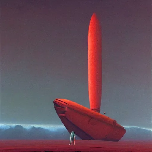 Prompt: long shot of among us red astronaut without arms, space ship in the background, amogus, art by zdzislav beksinski, high quality, dark hues, higly detailed, oil painting