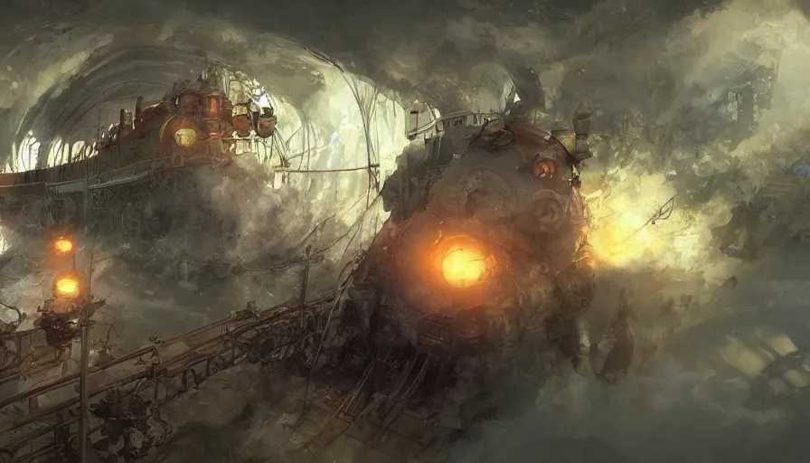 Image similar to craig mullins and ghibli digital illustration of a dragon train in deep ocean unreal engine, hyper realism, realistic shading, cinematic composition, realistic render, octane render, detailed textures, photorealistic, wide shot