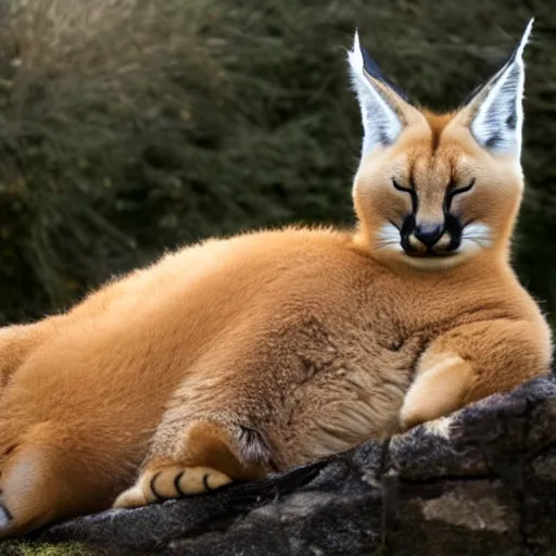 Image similar to photo still of drunk sleepy fat chubby caracal, lying on ice, big stomach, fullbody, sunny winter day