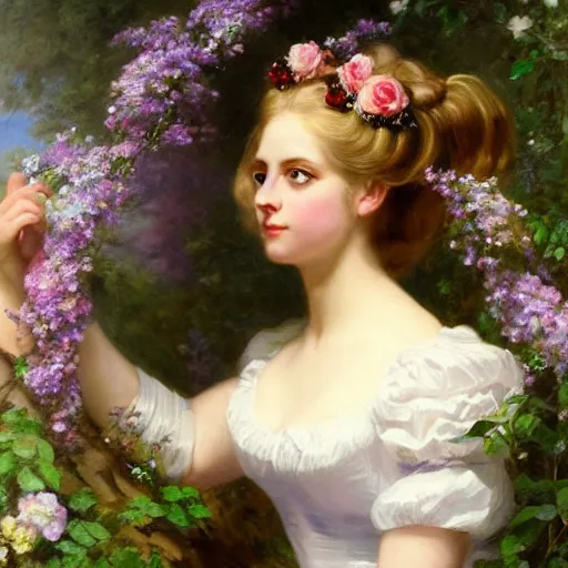 Prompt: Alice in Wonderland,a portrait of a beautiful blond hair girl,Diamonds Blaze,Rose twining,luxuriant,dreamy, eternity, romantic,highly detailed,in the style of Franz Xaver Winterhalter, highly detailed,night lighting